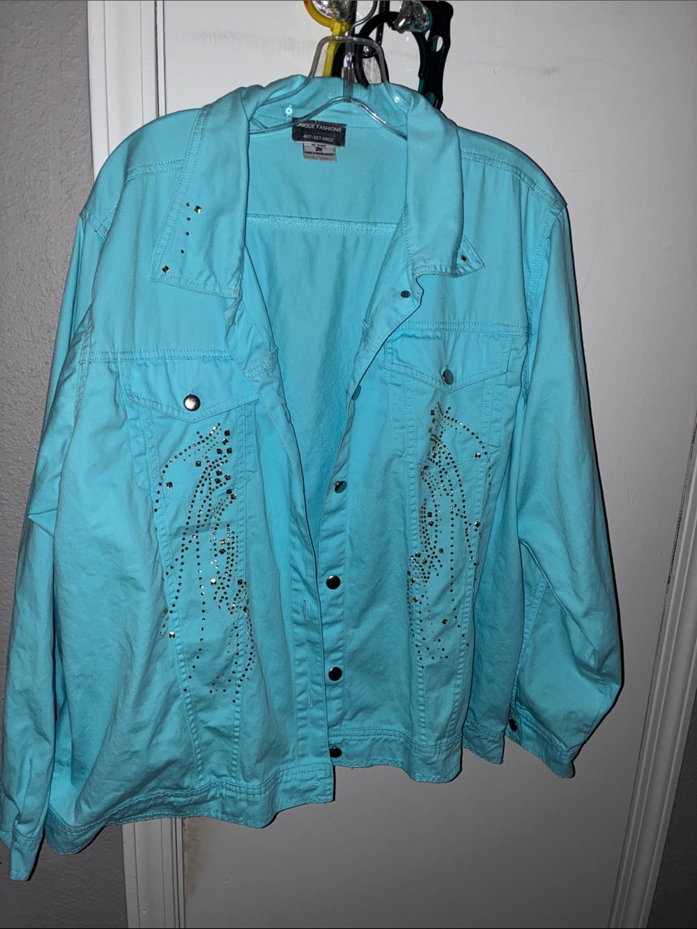 Rhinestone Accent Turquoise Jean Jacket - Women's